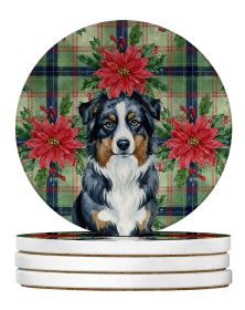 Black Australian Shepherd Christmas PoinsettIas Large Sandstone Coasters Pack of 4 Absorbent Round Coasters Decor Gifts for Men or Women, 4 in