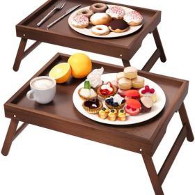 Fibogollo 2 Pack Bamboo Bed Tray Table With Folding Legs,Breakfast Trays,Serving Tray For Food And Snack,Laptop Trays For Working Natural (Option: BROWN)